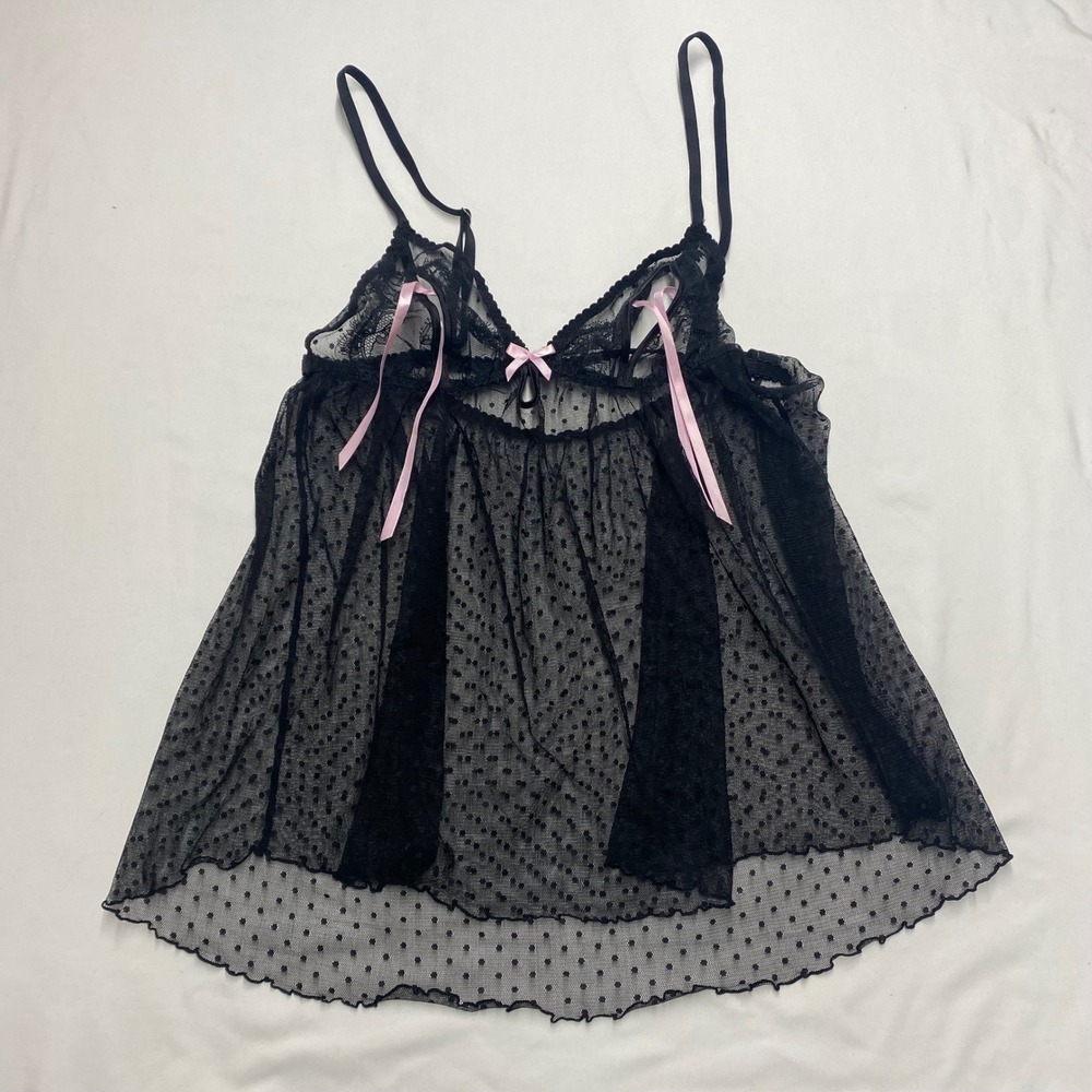 Victorias Secret Black Pink Lace Point Desprit Mesh Babydoll Top Large